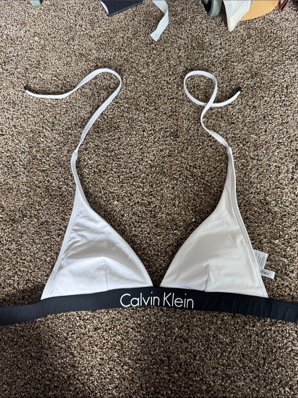 Calvin Klein White Triangle Bikini Top with Black Branded Band